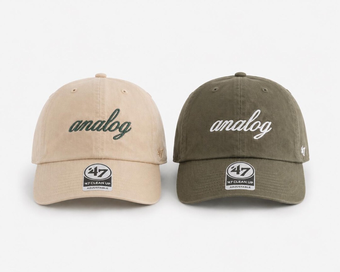 Analog Script Cap — Natural and Olive front view